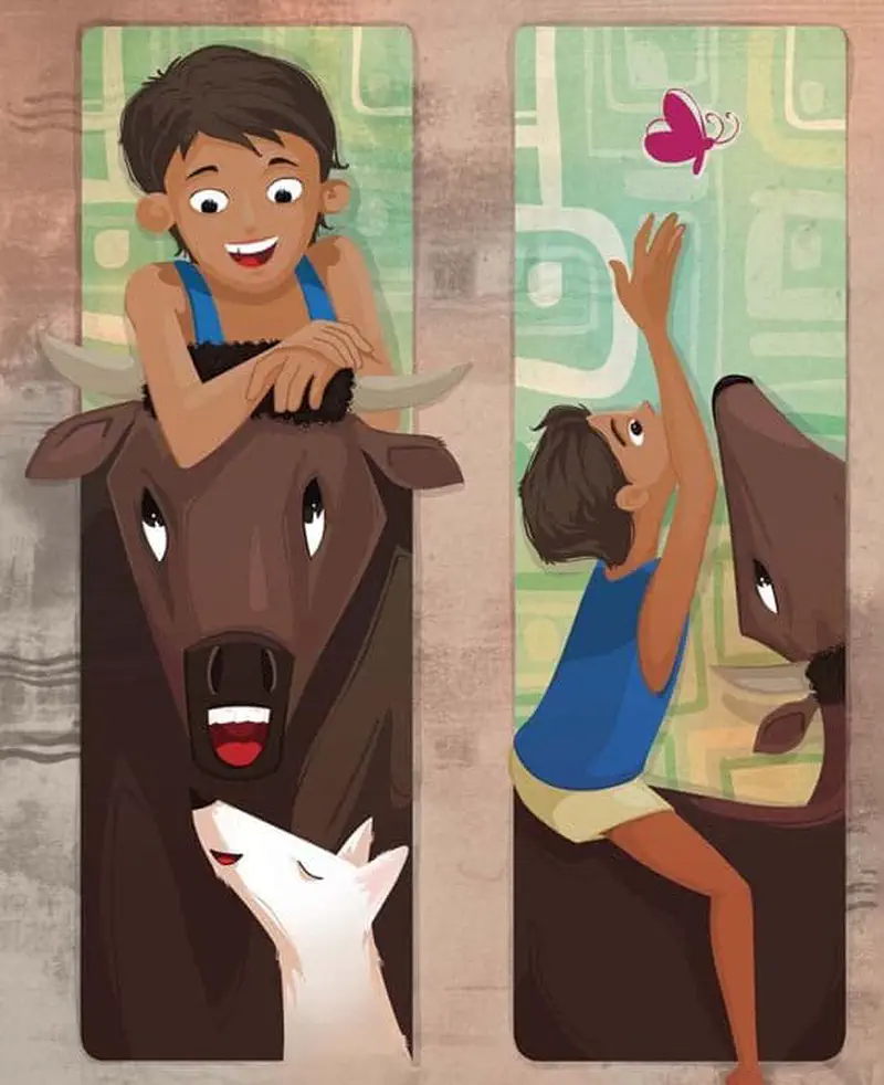 Two vertical panels showing a boy with his water buffalo and goat. Left panel shows him riding the buffalo, right panel shows him reaching up toward a pink butterfly.