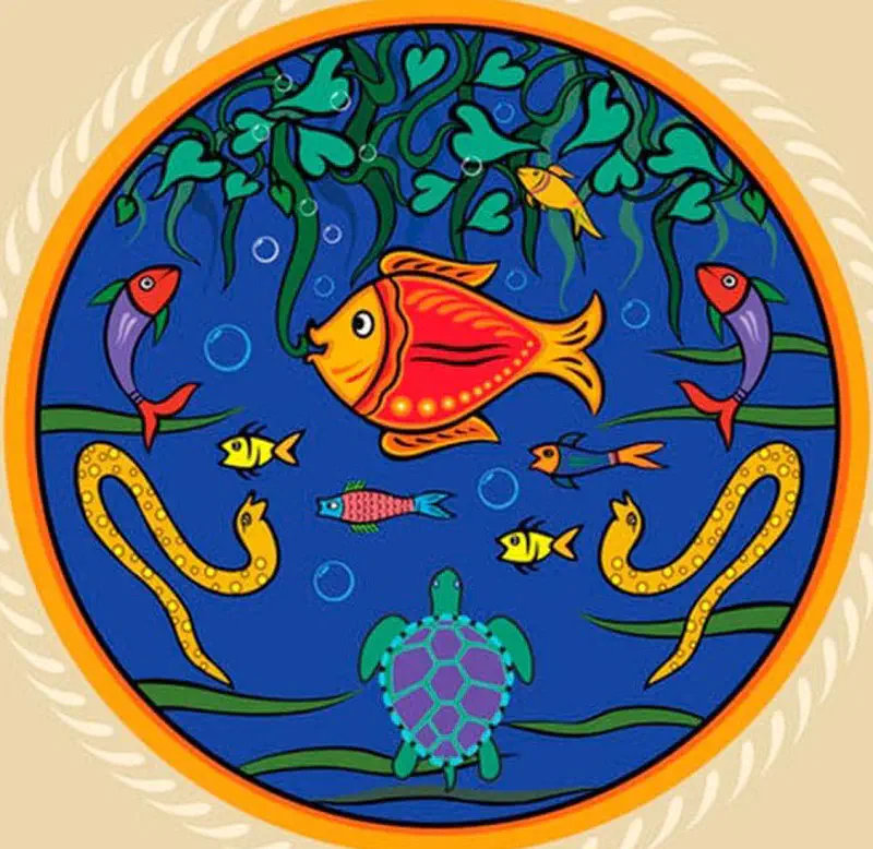 A circular underwater scene with an orange and red fish in the center surrounded by colorful smaller fish, eels, a turtle, and green seaweed against a deep blue background.