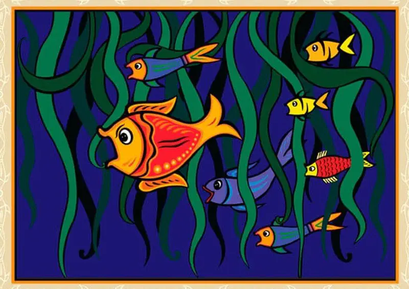 An orange and red fish swims among smaller colorful fish between tall strands of green seaweed in a deep blue underwater scene.