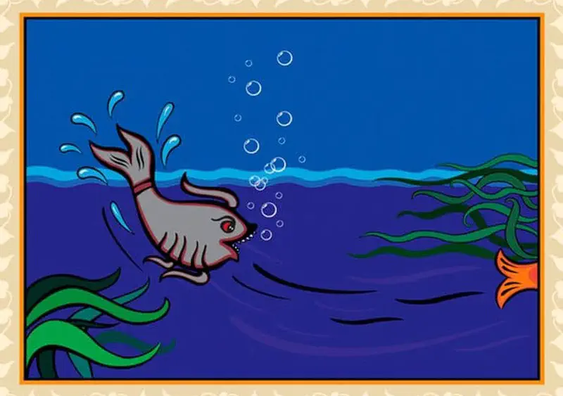 A gray fish with sharp teeth chases an orange fish whose tail is barely visible on the right. The scene shows deep blue water with seaweed and bubbles.