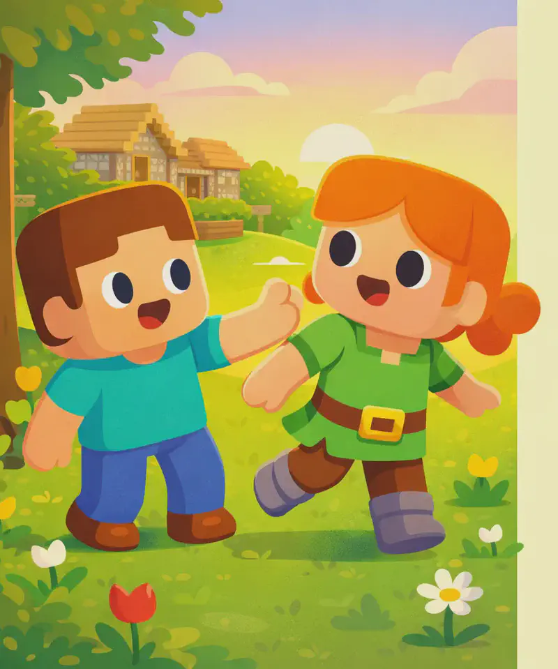 On the left side of the image, Steve is reaching forward and tapping Alex on the shoulder — tag! Alex is caught mid-turn with a surprised, laughing expression, her orange hair swinging and green tunic visible as she reacts to being tagged. Steve has a triumphant grin on his face. The scene is set outdoors in a warm golden-hour grassy area dotted with colorful tulips and daisies, with a large tree trunk nearby and wooden houses visible in the background. Pink-tinged clouds glow in the late-afternoon sky. The right side of the image has open space for text overlay.