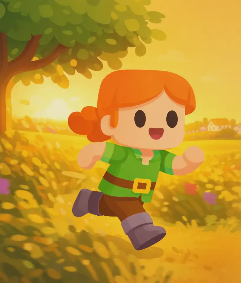 On the left side of the image, Alex is running at full speed through open fields, dashing past a large tree with a leafy canopy overhead. Tall crops and wildflowers blur past her as she sprints, her orange hair and green tunic clearly visible against the golden landscape. She has an excited, mischievous expression as she searches for a hiding spot. In the background, a suburban neighborhood with houses and fences is visible far off in the distance. The scene is set in warm golden-hour lighting matching the sunset from the previous page. The right side of the image is open sky and plain background, clear for text overlay.