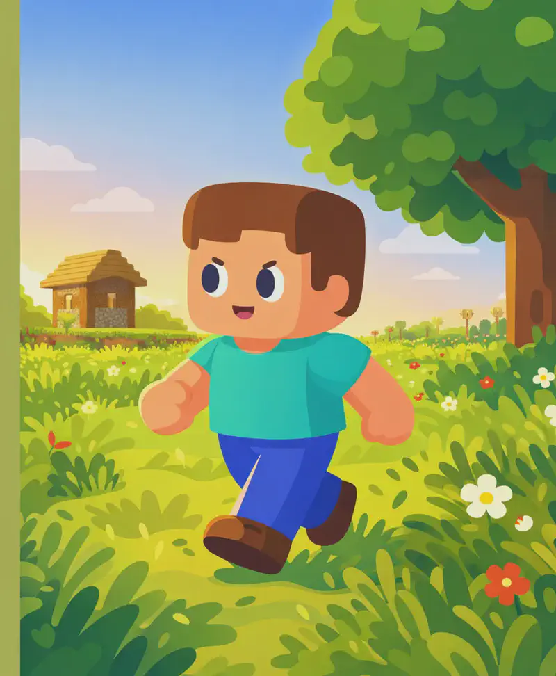 On the right side of the image, Steve walks with big, determined steps through a field of tall grass near a large old oak tree, scanning left and right with a focused expression. The grass sways around his legs as he strides forward mid-step, searching actively. The scene is set outdoors in warm golden-hour lighting with a wooden house sitting quietly in the distance and scattered flowers across the grassy landscape. The left side of the image is open background suitable for text overlay.