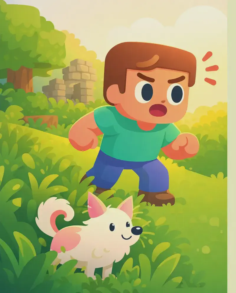 On the left side of the image, Steve stands on a grassy hillside, his eyes wide and brows furrowed, mouth open in a startled, alert pose as if he just heard a twig snap, with small red alert lines beside his head. He wears a teal shirt and blue trousers, his fists clenched and body tensed like a hunter on the chase. Below him in the tall grass, The Dog — a small, round-bodied dog with a fluffy white coat, pink shading on its ears and curled fluffy tail, and a black nose — stands clearly visible, smiling up happily. A crumbling stone ruin peeks out from the trees behind Steve. The scene is set outdoors in warm golden-hour lighting with a lush green landscape, blocky trees, and tall grass. The right side of the image is open pale-green background for text overlay.
