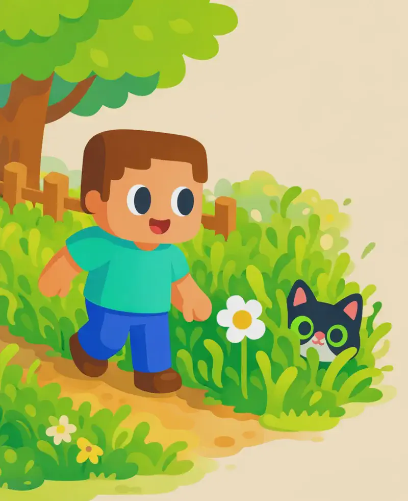 On the left side of the image, Steve steps off a dirt path and heads into a patch of tall grass beneath a large tree, his eyes focused intently on the grass ahead with a curious, hopeful expression. A wooden fence lines a yard behind him. Partially hidden deep in the tall grass, a small glimpse of Brat Cat is barely visible — just a hint of black-and-white fur and bright green eyes peeking through the blades, suggesting something is lurking there. The scene is set outdoors in warm golden-hour lighting with lush green grass and scattered flowers. The right side of the image is open sky and plain background, clear for text overlay.