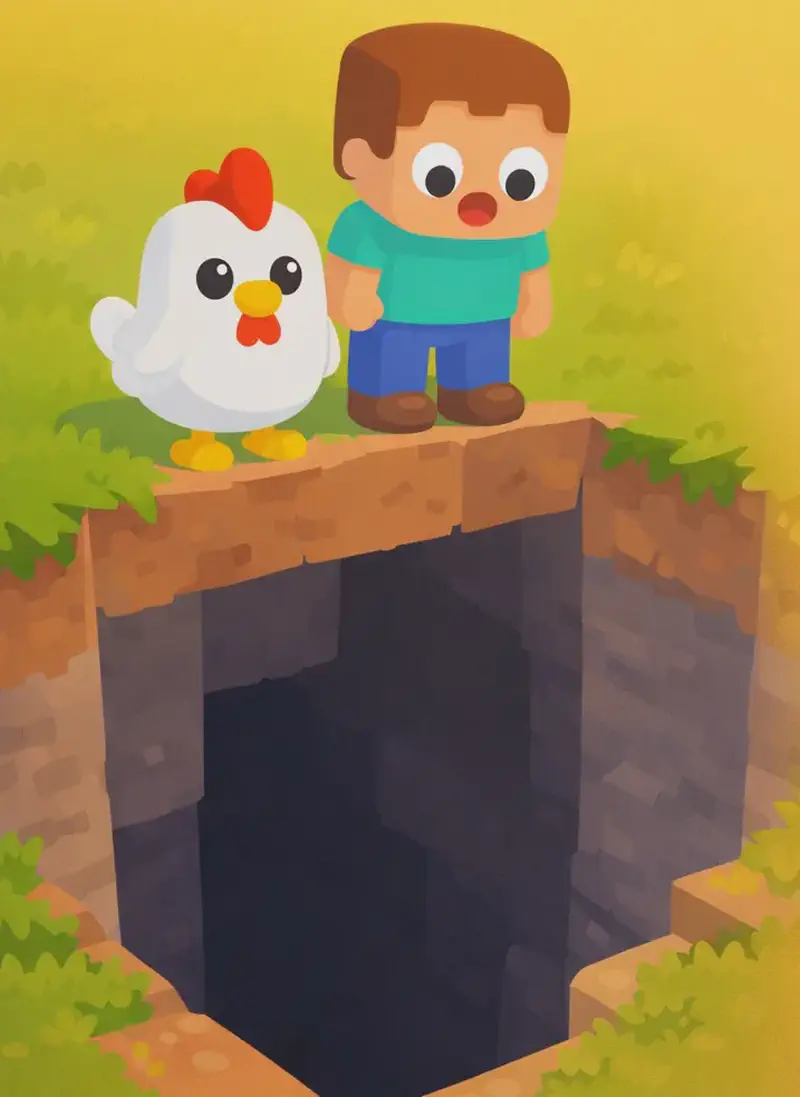 On the left side of the image, a large dark mine shaft or hole opens up in the grassy field, with exposed dirt and stone walls descending steeply into darkness below — an old mine dug long ago for coal. On the right side, Steve stands at the edge of the hole looking down into it with a surprised expression. Near the edge of the hole, Chicken — a cute, round white chicken with a bright red comb, small yellow-orange beak, and large round black eyes — stands peering down into the dark depths with calm, naive eyes. The scene is set outdoors in warm golden-hour lighting with green grass surrounding the mine opening.