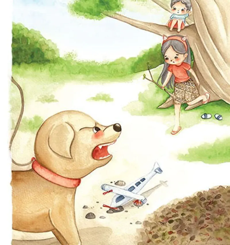 A tan dog barks at a girl sitting sadly under a tree with a broken toy airplane on the ground. A boy peeks down from a tree branch above.