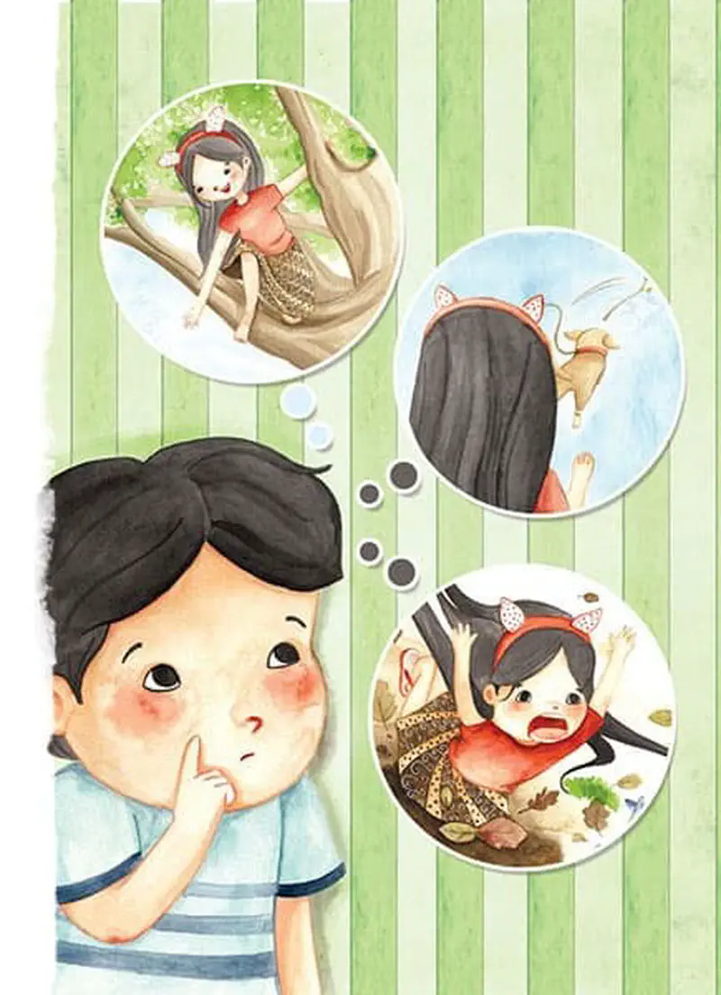 A boy thinks with thought bubbles showing his sister in different situations - sitting on a tree branch, falling, and crying on the ground with leaves.