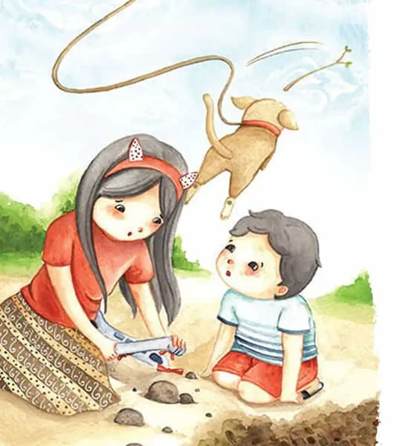 A girl in a red shirt fixes a toy airplane in the dirt while her little brother watches. Their playful dog jumps in the background against a cloudy sky.