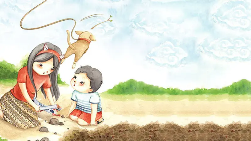 A girl repairs a toy airplane on the ground while her brother watches. Their dog leaps joyfully above them against a sky with swirly clouds and distant trees.