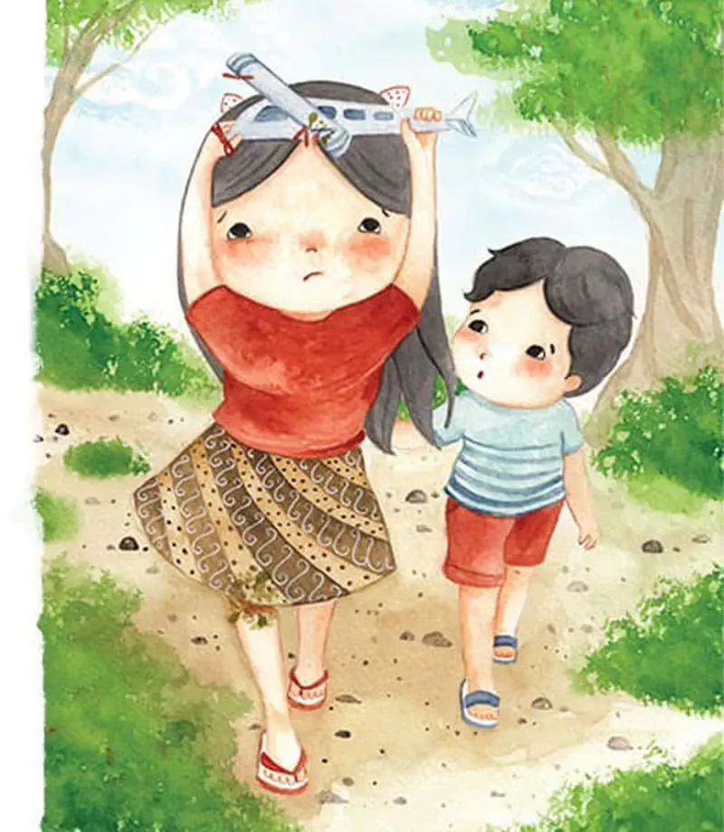 A girl holds up a repaired toy airplane triumphantly while walking hand in hand with her little brother along a tree-lined path.