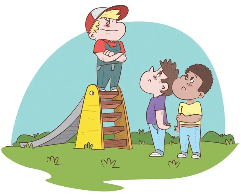 Ted stands at the top of a yellow playground slide with arms crossed, blocking two frustrated boys from using it.