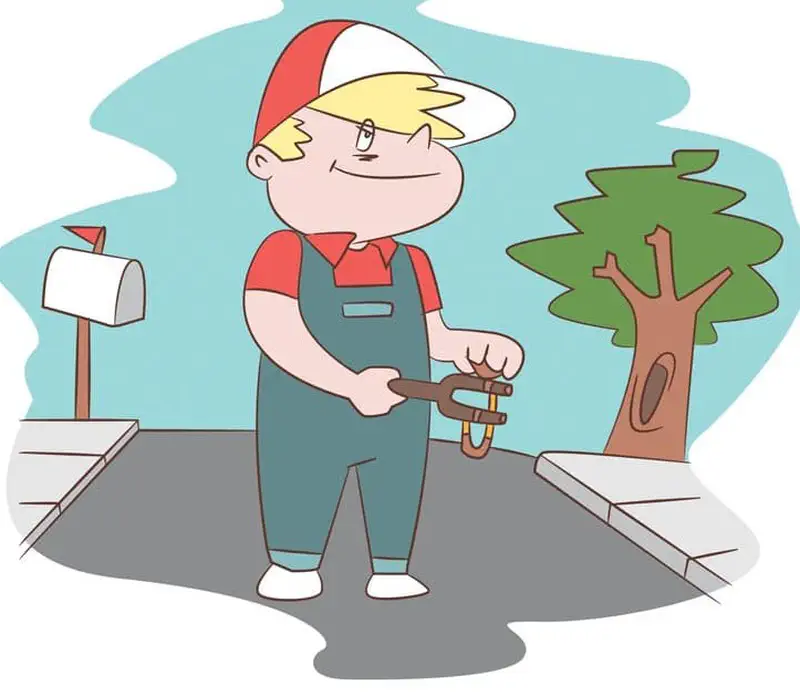 A stocky blond boy named Ted wearing a red and white cap and overalls stands on a sidewalk holding a slingshot with a mischievous grin.