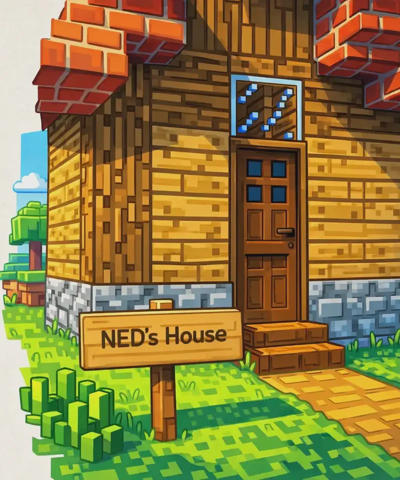 On the right side of the image, a blocky Minecraft-style wooden house is shown from a close-up angle, built with various wood plank and stone block textures, featuring a dark oak doorway and a red brick roof. A wooden sign in the foreground reads "NED's House," planted in green pixelated grass. The left ~40% of the image is a plain light background reserved for text. No characters are visible in the scene.