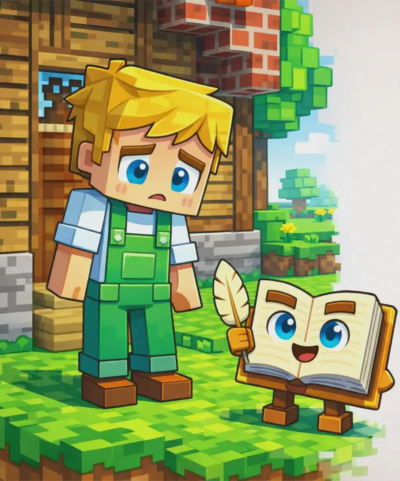 On the left side of the image, Ned stands in front of a wooden house with red brick details, looking down with a worried, uncertain expression and a small open frowning mouth. He has a large square head with short golden-blond hair with side-swept bangs, large round bright blue eyes with dark brown eyebrows, and wears a white short-sleeved t-shirt under green overalls with visible front pocket details and brown shoes. He stands upright with arms slightly out. The Book stands on the grass at his feet on its two short blocky brown legs, its open cream pages facing up toward Ned, with large round bright blue eyes, dark brown rectangular eyebrows, a small open smiling mouth, and holding a tan golden quill feather pen in its right hand. The scene is set outdoors in daylight on a blocky grassy yard beside the wooden and brick house, with a low gray stone wall, a leafy green blocky tree by the house, and a smaller tree, yellow flowers, and blue sky with a white cloud in the distance. The right ~50% of the image is plain white/light background, clear of characters or detail.