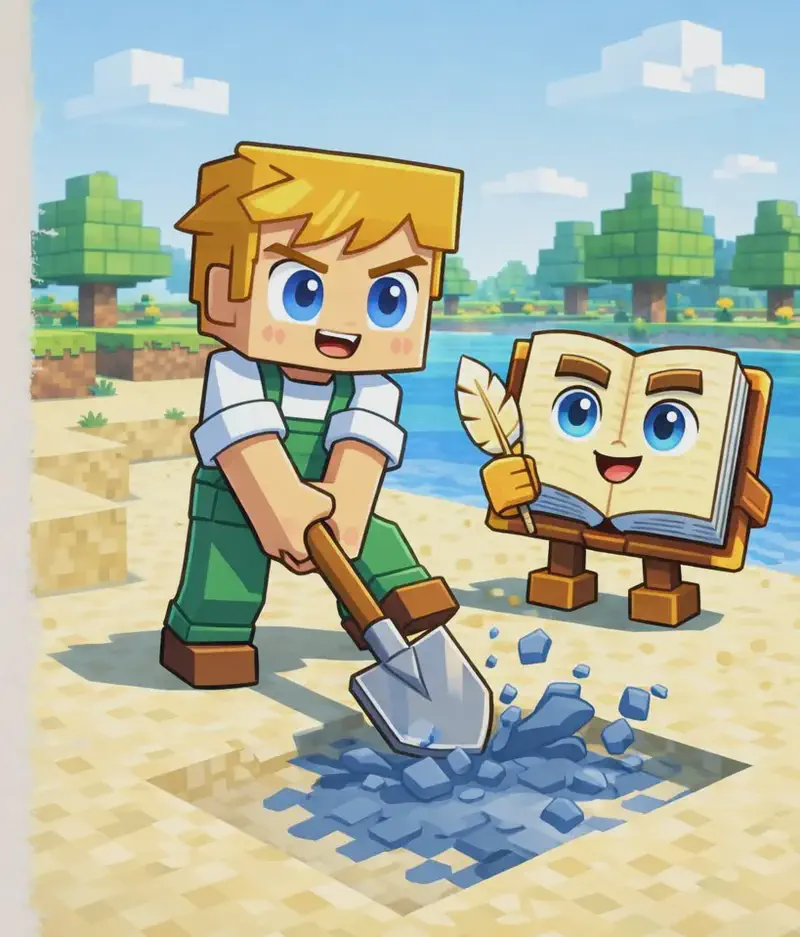 On the right side of the image, Ned stands on a sandy beach in a Minecraft-style 3D rendering, swinging his iron shovel downward with a determined expression, mid-motion as he strikes into a patch of blue clay on the ground. The Book floats nearby watching the action, open pages facing the viewer with an attentive expression. The beach setting has pale sand in the foreground with green vegetation and trees visible in the background under a light daytime sky. The left side of the image is plain beige background reserved for text.