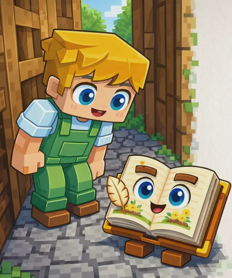 On the left side of the image, Ned stands on a cobblestone path between wooden walls, leaning down with a curious, engaged expression to study The Book, which lies open on the ground beside him. The Book's pages are spread wide showing an illustration of flowers and a round clay pot, its face visible on the open pages with a friendly expression. The scene is set outdoors in a narrow alleyway or workshop area with wooden structures on either side and green foliage visible in the background. The right half of the image is plain light background, clear for text.