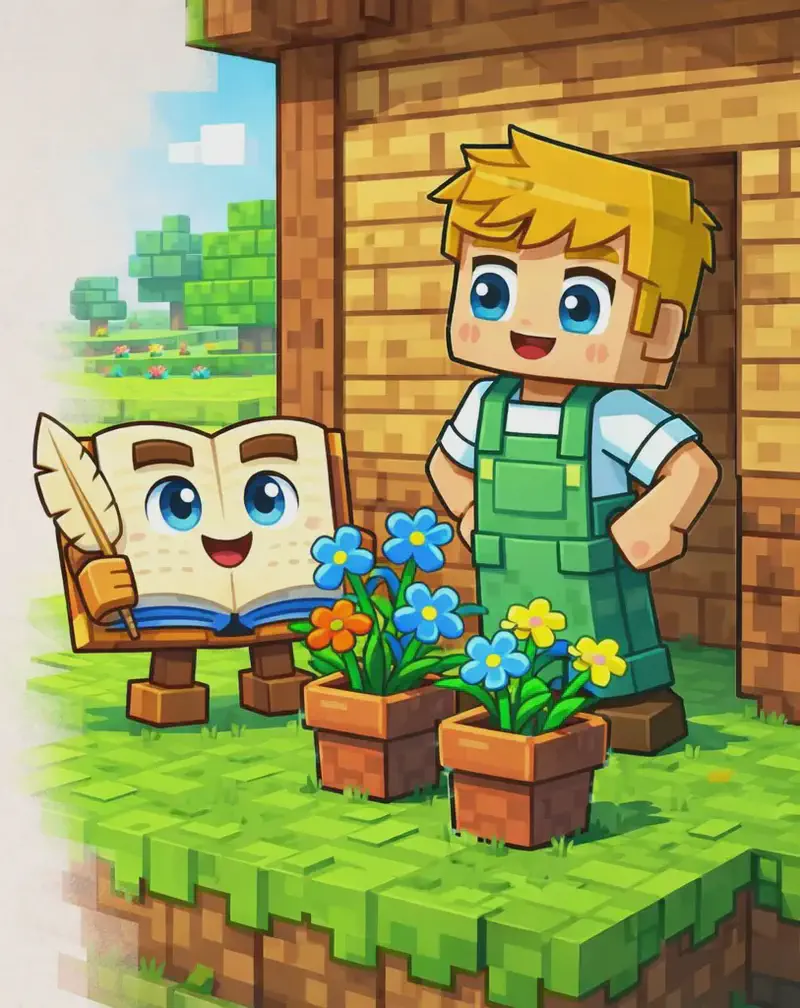 On the right side of the image, in a Minecraft-style voxel scene, Ned stands beside the wooden shed, stepping back to admire his work with a satisfied expression. Several terracotta pots filled with blue orchids and other colorful flowers sit on the grassy area at the base of the shed. The Book floats nearby, open pages facing the viewer with a pleased expression, admiring the blue orchids. The left ~45% of the image is plain light background reserved for text.
