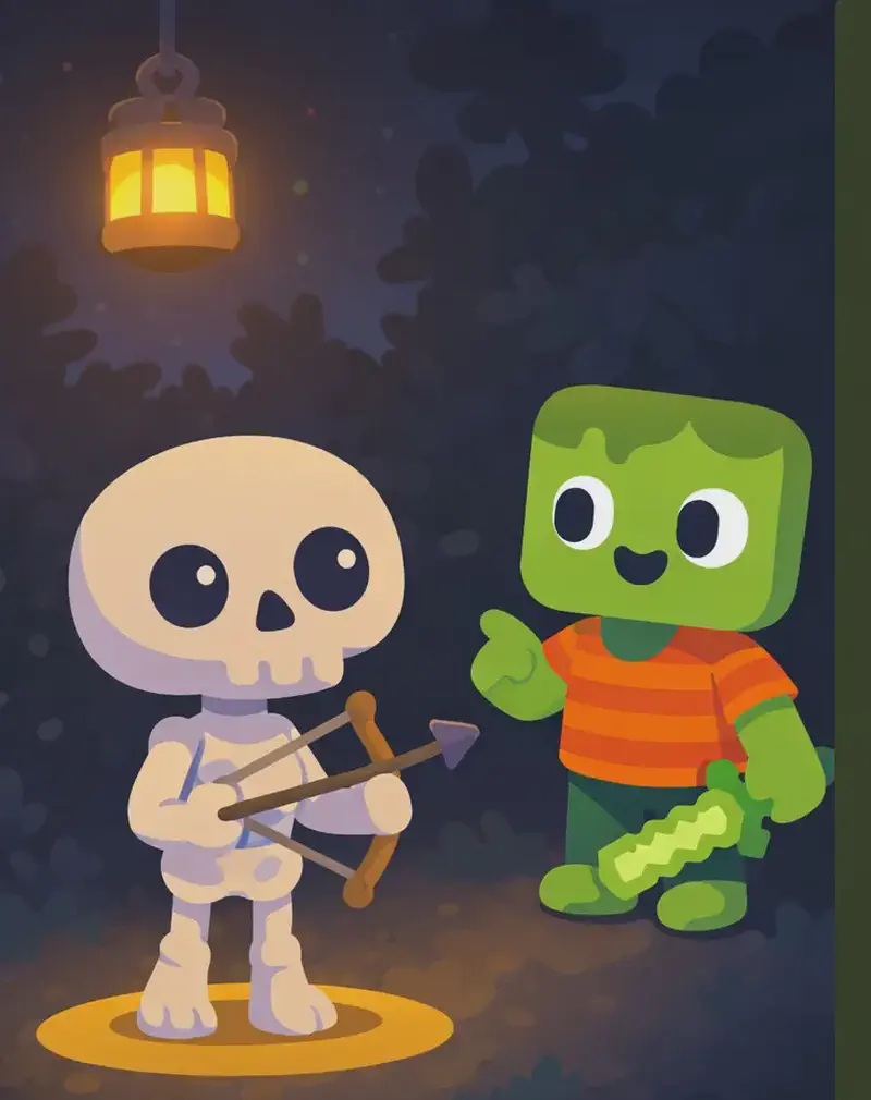 On the left side of the image, Skel stands facing the viewer with a neutral expression, while Zom stands slightly behind and to the right, looking toward Skel as if mid-conversation. Both characters are positioned in a dark nighttime setting, with a glowing lantern hanging above them on the left, casting warm orange light. The background is shadowy and atmospheric, suggesting an outdoor garden or yard at night. The right ~40% of the image is occupied by a large dark-green text overlay area, mostly plain background.