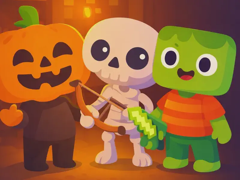 On the left side of the image, Jack stands with his glowing jack-o'-lantern head displaying a wide, cheerful grin, facing the viewer. Beside him, Skel leans in close with a happy expression. Zom stands on the other side of Jack, looking delighted but with a hint of curiosity on his face, as if still wondering about the other pumpkins. The three are grouped together in a warm indoor setting — the interior of the farmhouse at nighttime, with the warm orange glow from Jack's head casting light on the scene. The right side of the image is open dark background for text overlay.