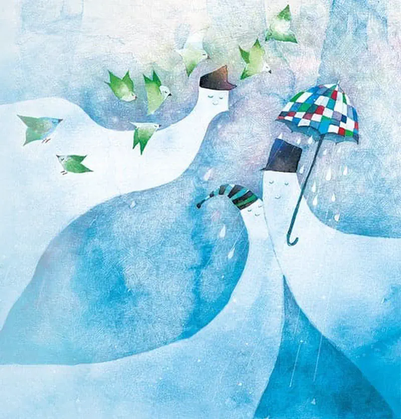 Whimsical figures in white flowing forms holding checkered umbrella in rain with green birds flying overhead