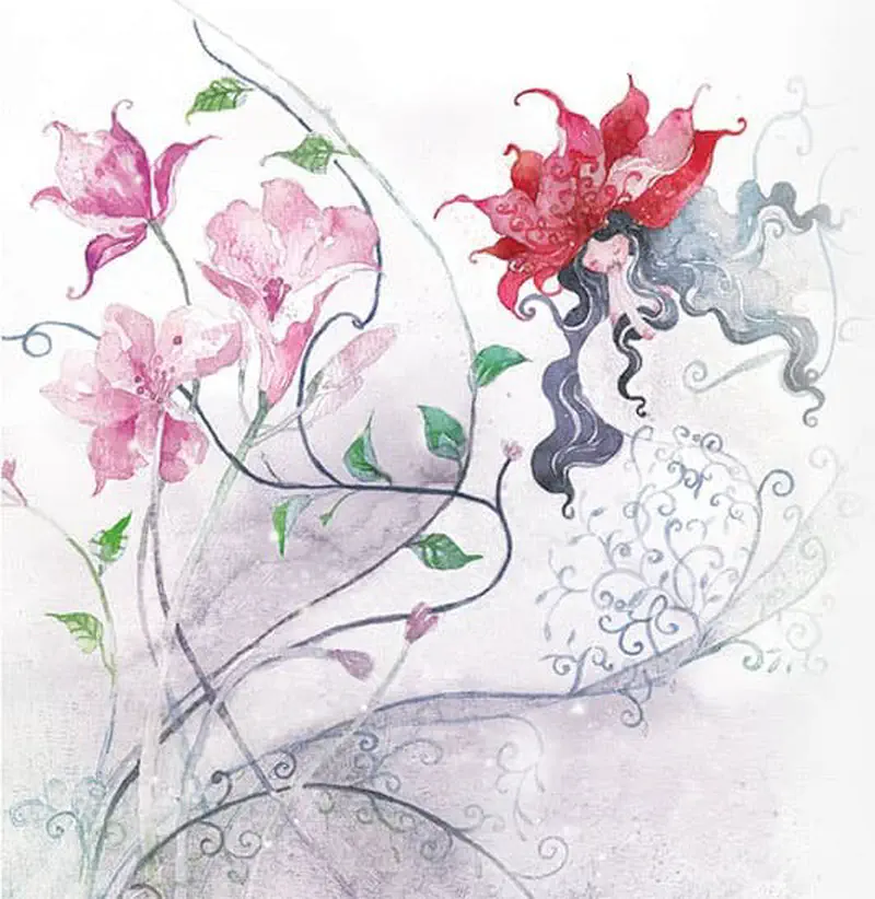 Ethereal fairy-like figure with flowing dark hair among pink and red flowers with delicate swirling vines