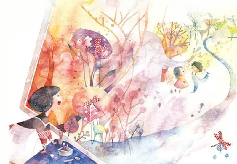 Girl painting magical autumn landscape bursting from canvas with orange trees and two children running through