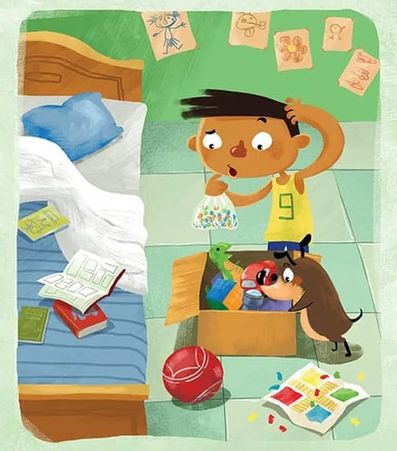 A boy in yellow shirt scratches his head looking puzzled in his bedroom. His dog sits in a box of toys with a ball and puzzle nearby.