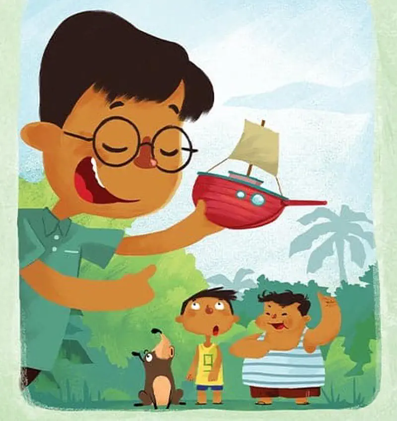 A boy with glasses proudly shows off a toy sailboat to two friends and a dog in a tropical outdoor setting with palm trees.