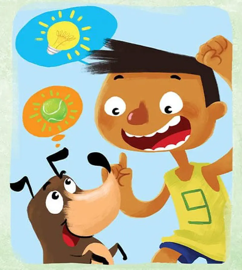 A boy in yellow shirt has a lightbulb idea moment while his dog thinks about a tennis ball. Both look excited against a blue background.