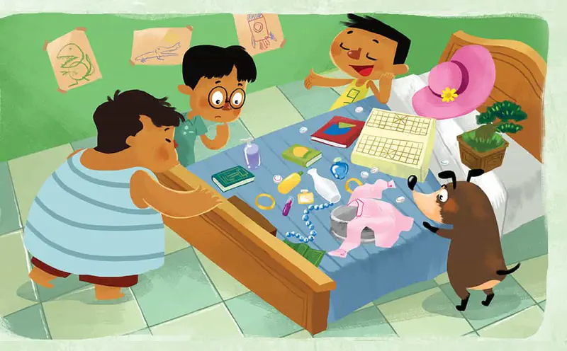 Three boys gather around a bed covered with items for grandma including a pink hat, jewelry, and a board game. The dog watches excitedly.