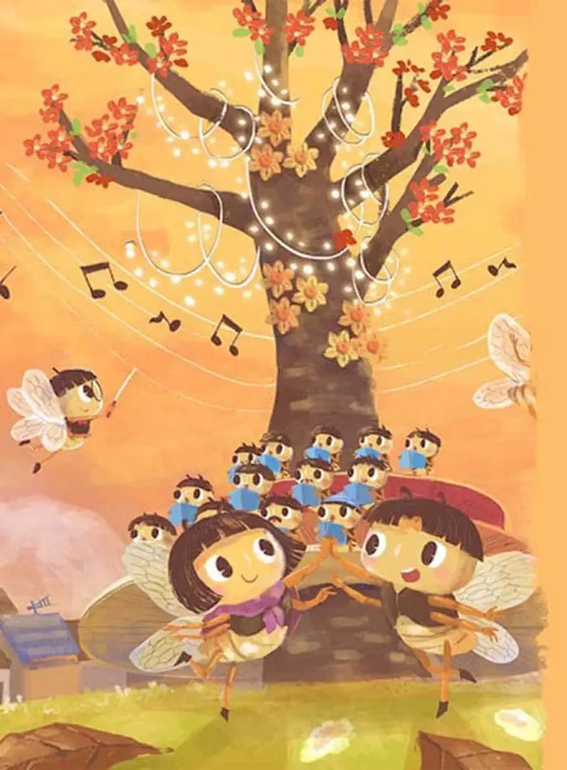 Two bee children hold hands dancing in front of a choir of bees under a decorated tree with string lights and flowers at sunset.