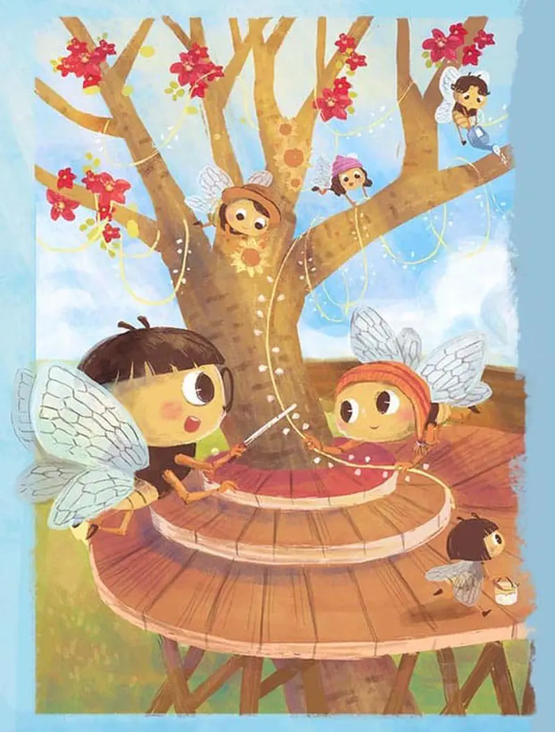 Bee children decorate a wooden stage platform around a flowering tree with string lights while others fly around helping.