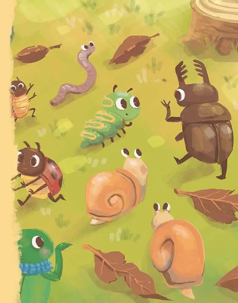 Garden scene with friendly bugs including snails, caterpillars, beetles, a worm, and a ladybug gathered on grass among fallen leaves.
