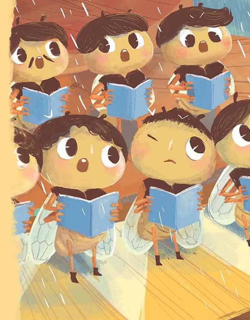 Close-up of young bee choir members holding blue songbooks with worried expressions as rain begins to fall during their performance.