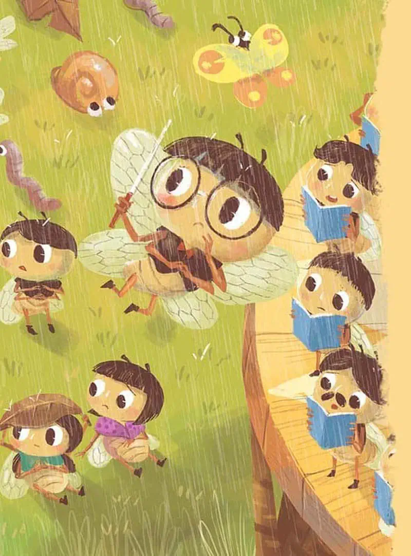 Bee conductor with glasses leads the choir in the rain while audience members and a butterfly watch, some bees looking concerned about weather.