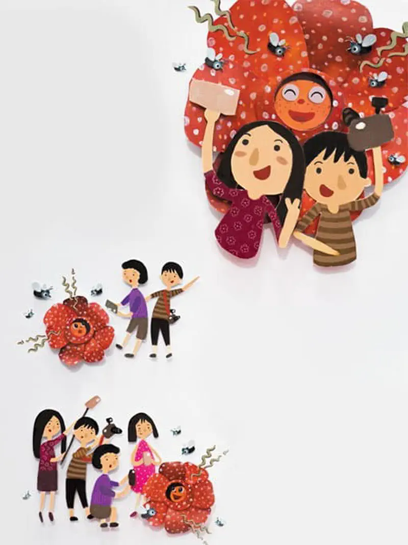 Children taking selfies with the big red rafflesia flower, some holding fly swatters, fascinated by the unusual smelly bloom.