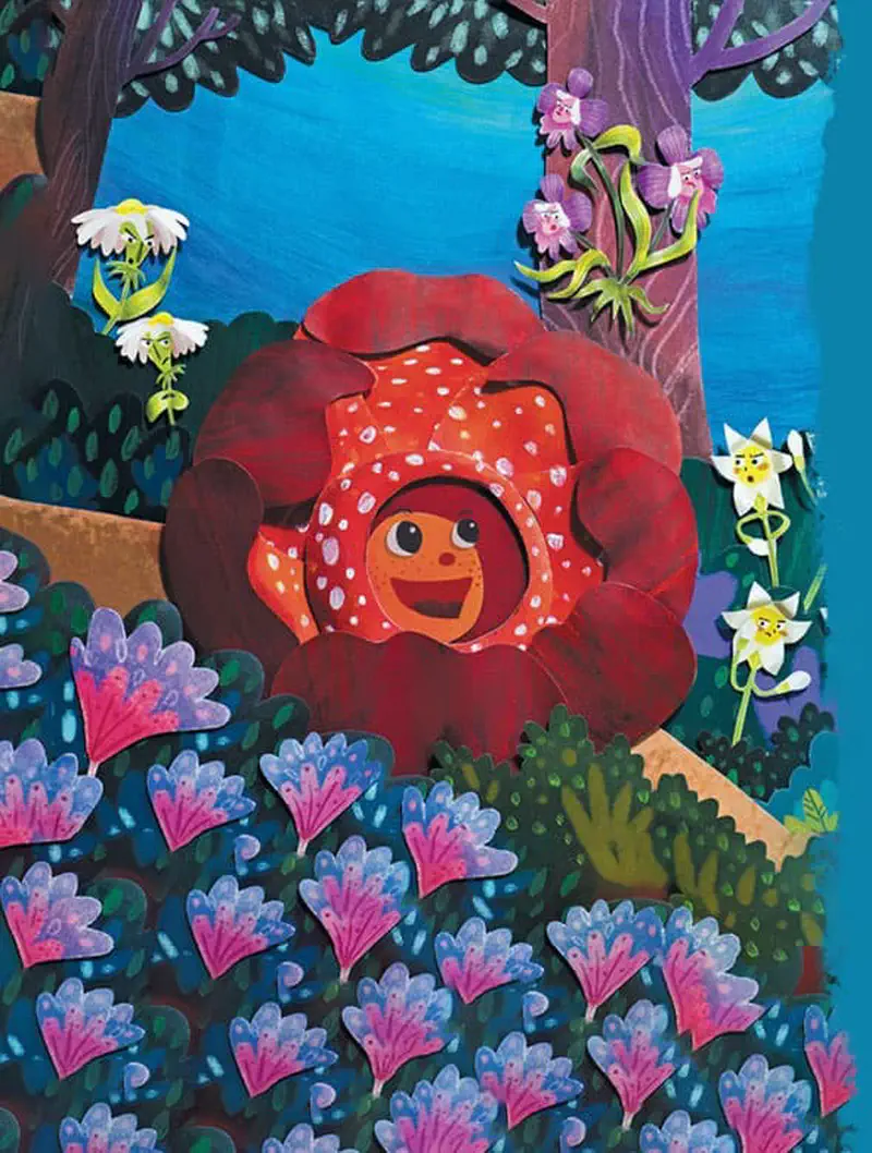 A cheerful rafflesia flower with a cute face blooming in a lush rainforest surrounded by orchids, daisies, and colorful foliage.