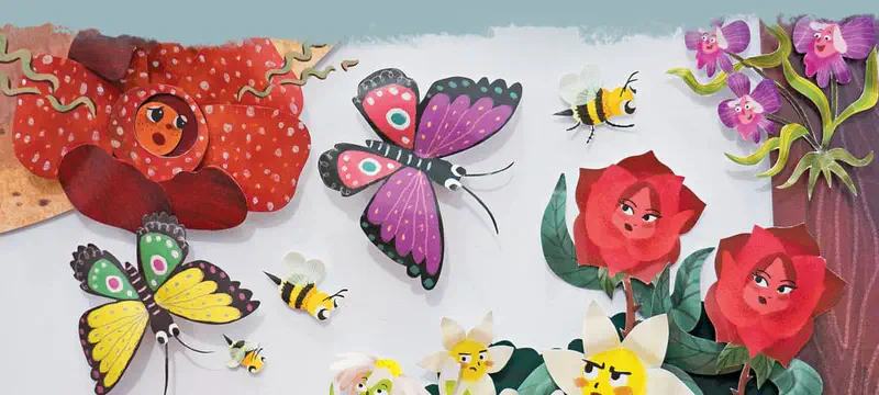 A surprised rafflesia flower watches colorful butterflies and bees fly past while grumpy roses, worried daisies, and happy orchids look on.