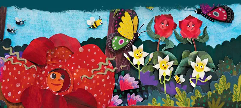 The happy rafflesia flower blooms among cheerful daisies, snooty roses, colorful butterflies, and buzzing bees in a vibrant garden scene.