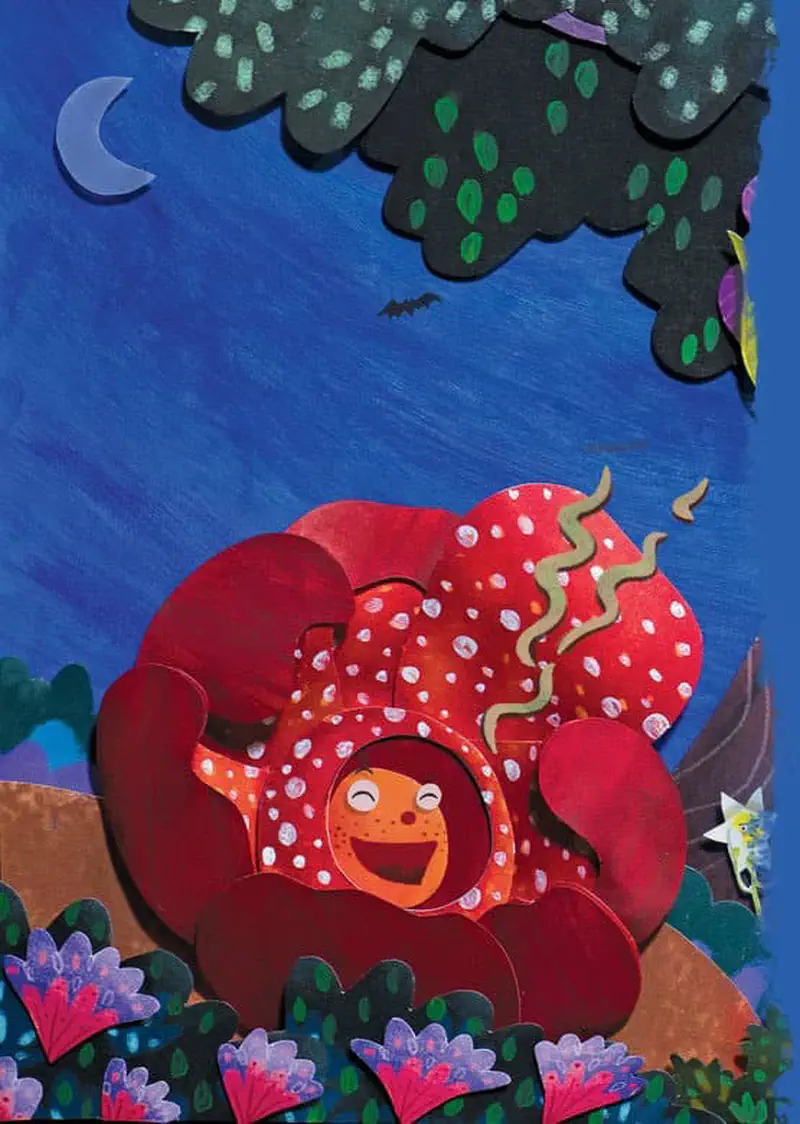 The rafflesia flower smiles happily at night under a crescent moon with bats flying overhead and colorful foliage surrounding it.