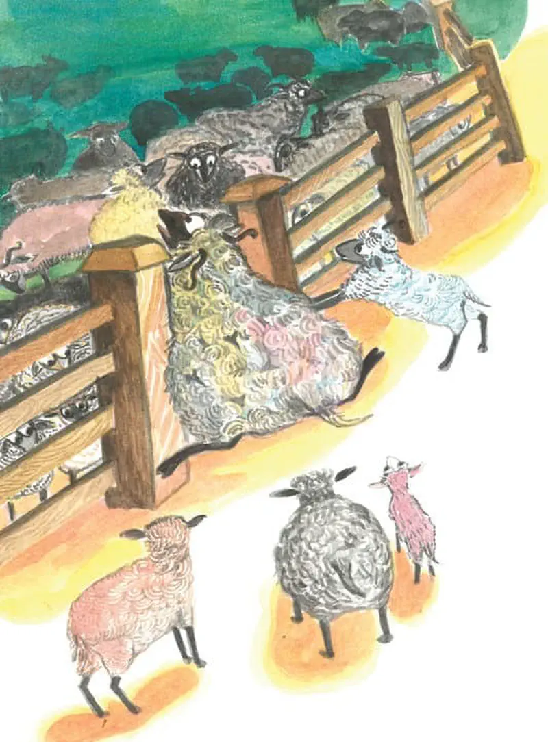 Colorful sheep of different colors gather at a wooden fence gate, with a large multicolored sheep trying to squeeze through while others watch.