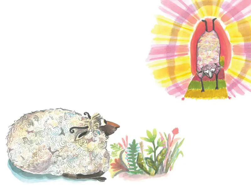 A curly sheep rests near colorful plants while imagining another sheep jumping gloriously through a red barn door with radiating light.