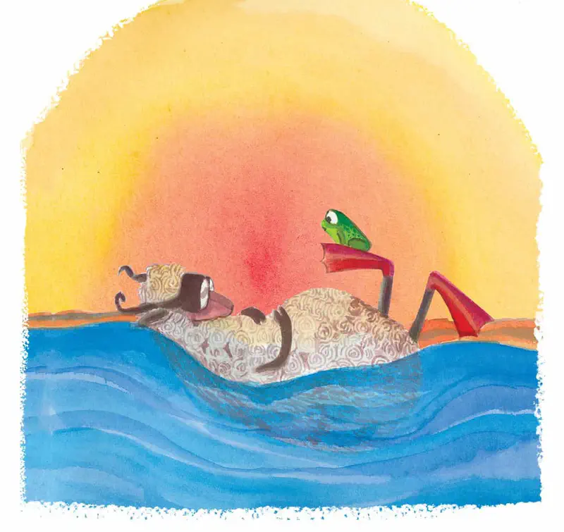 A sheep wearing flippers floats on its back in blue water with a green frog sitting on top, against a warm sunset sky.