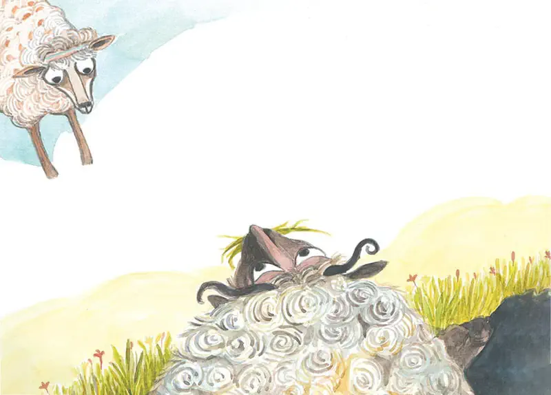 A small pink sheep looks down from above at a big woolly sheep with grass in its mouth hiding among yellow hills and grass tufts.