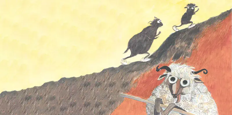 A startled white sheep opens a gate at the bottom of a steep hill while two black bulls run down the slope toward it.
