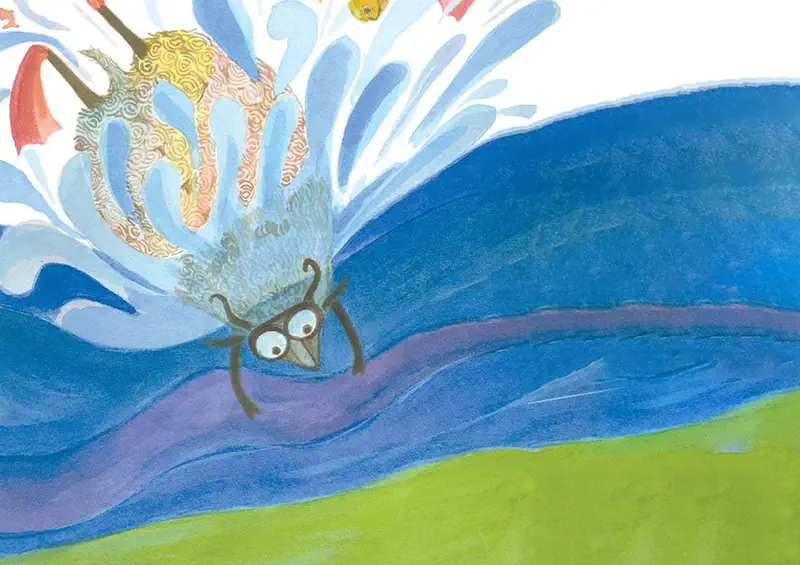 A big sheep makes a huge splash diving into blue water, with a small sheep's surprised face visible in the waves and green grass below.