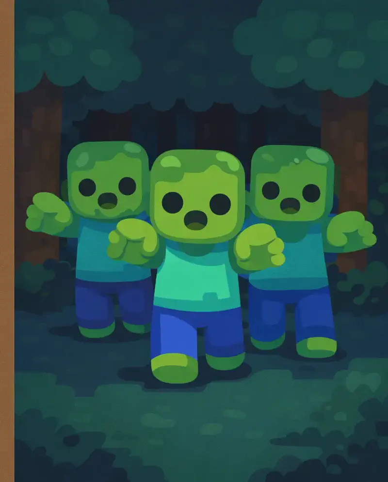 On the right side of the image, three Minecraft zombies with green skin, teal shirts, and blue pants lumber through a dark forest, facing the viewer with menacing blank expressions and arms outstretched wide. They are surrounded by blocky tree trunks and dense leaf canopy overhead, with dim lighting conveying the darkness of the woods at night. The left side of the image is a plain brownish overlay, left clear for text placement.