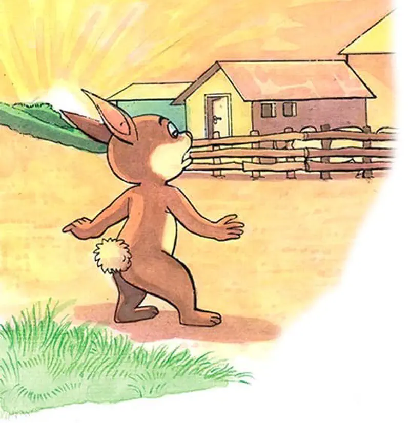 A brown rabbit walks confidently toward a farmhouse with wooden fences at sunset, sunlight glowing behind the buildings.