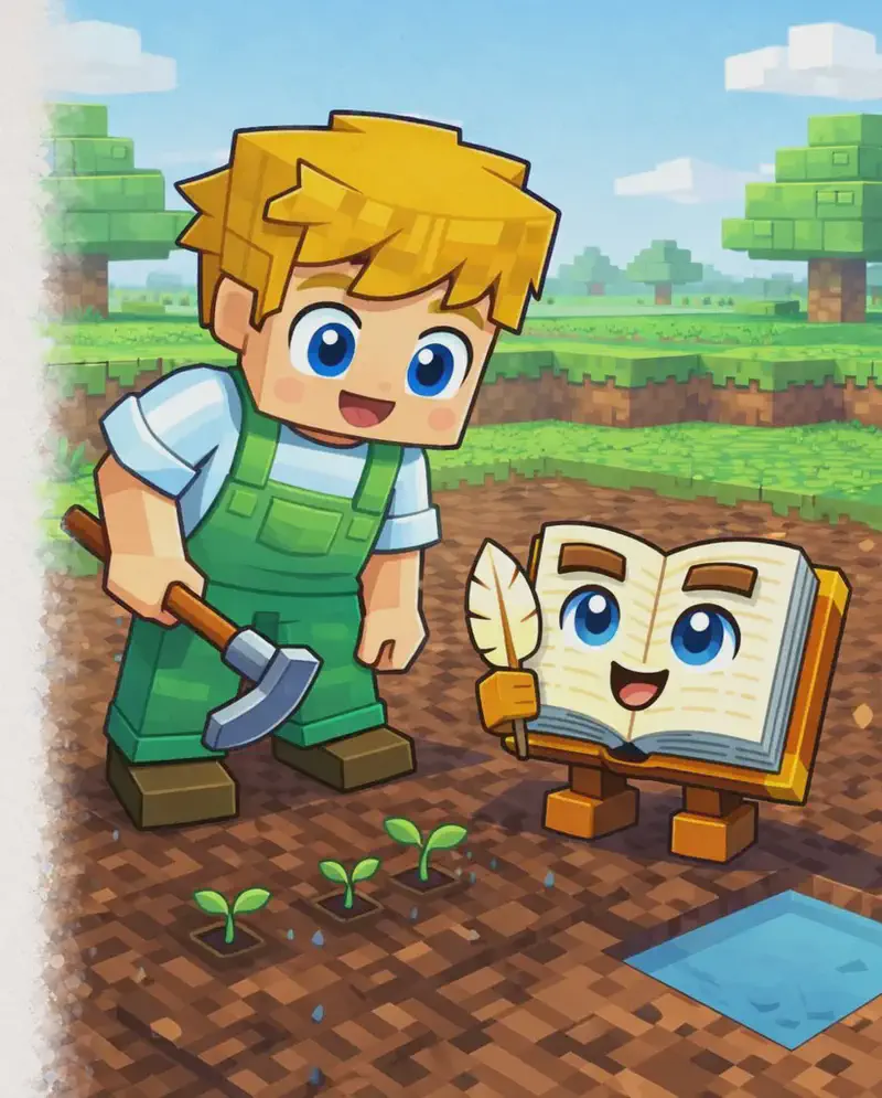 On the right side of the image, Ned stands on a field of tilled dirt, looking down with a curious, pleased expression at small green seedling sprouts poking out of the soil in front of him. He holds a hoe in one hand, having just finished planting. The Book stands nearby to his lower right on its two short blocky brown legs, open pages facing Ned. The scene is outdoors in bright daylight, with patches of green grass visible in the background beyond the farmland. The left side of the image is plain background reserved for text.